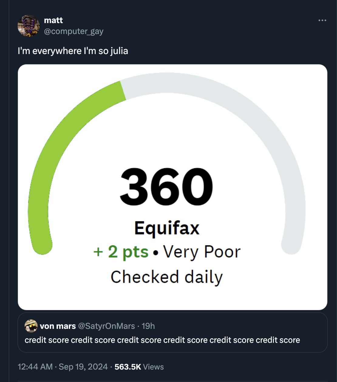 screenshot - matt I'm everywhere I'm so julia 360 Equifax 2 pts Very Poor Checked daily von mars 19h credit score credit score credit score credit score credit score credit score Views